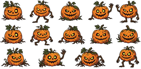 Fototapeta premium Zombie Pumpkin Character Set Collection – Halloween Vector Mascots Isolated on Transparent Background