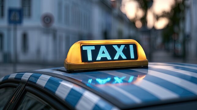 Illuminated taxi sign glowing blue on a car roof in a city street