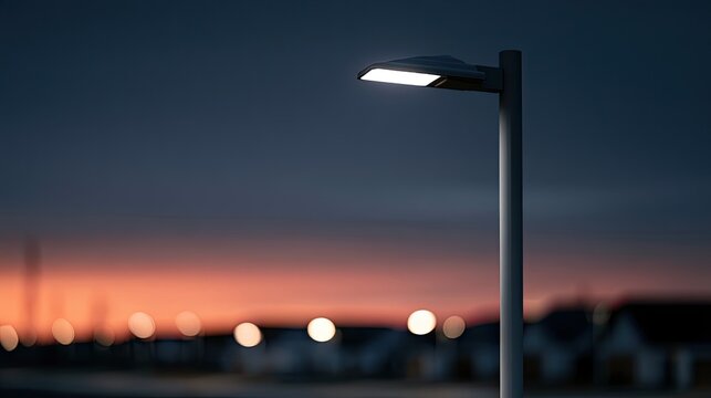 A lone modern streetlamp shines bright against a dusky twilight sky
