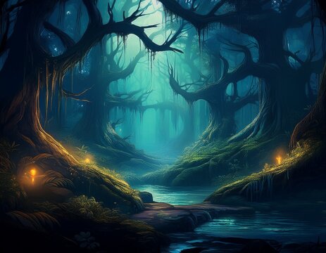a dark mysterious and ancient forest