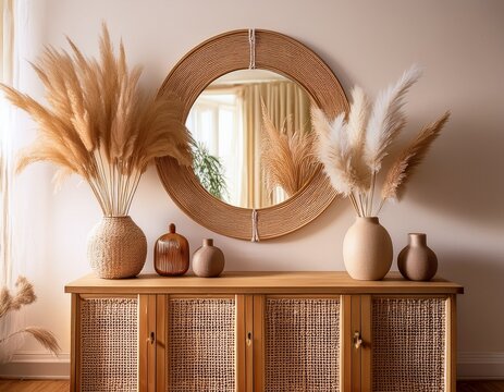 boho interior scene with round wall mirror above a wooden console pampas grass and macrame decor create a warm calm mood ideal for home styling and lifestyle branding