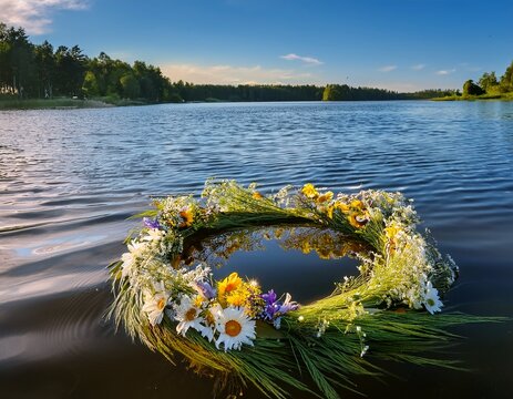 floral wreath drifts on tranquil lake whispering midsummer s eve mystery slavic solstice celebration nature s vibrant poetry afloat