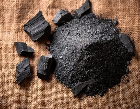 pile of dark ashes and charcoal pieces on rough brown sackcloth fabric biblical symbol of repentance fasting and humility top view of religious concept for ash wednesday and lent season