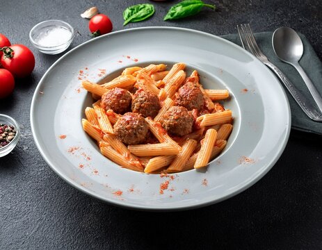 penne pasta and meatballs swim in tomato sauce with salt and spices italian dish penne rests on dark concrete