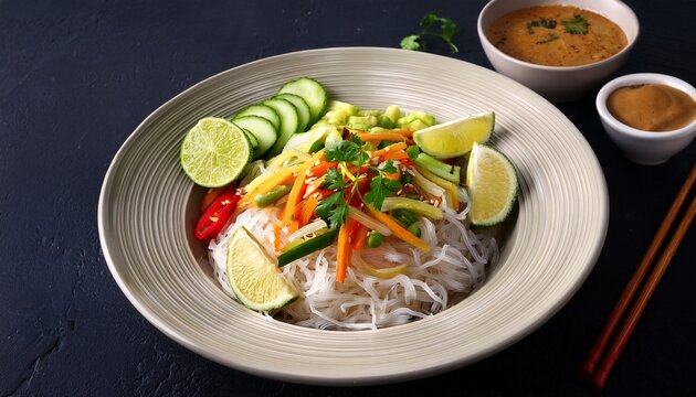 rice noodle salad with veggies lime and peanut sauce is shown from above