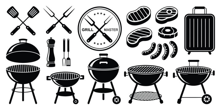 Grill Master icon vector set featuring BBQ cooking symbols, chef tools, and barbecue menu signs for restaurant branding and outdoor cookout emblems