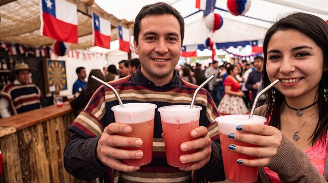 Happy couple enjoying the lively atmosphere of a chilean national celebration, holding plastic cups with frosty, pink terremoto drinks
