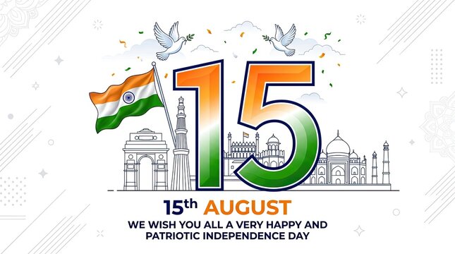 India independence day 15th august celebration with flag monuments doves