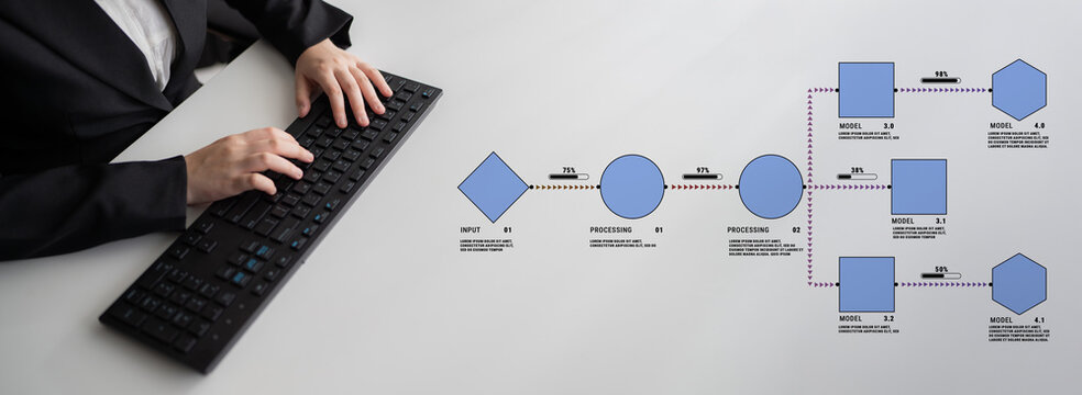 Business Professional Typing at Keyboard with Flowchart Illustration for Process Analysis on Desk Surface Quark.