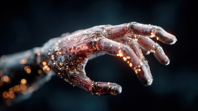 Close up of a robotic hand with glowing circuits and wires, reaching out in a dark environment
