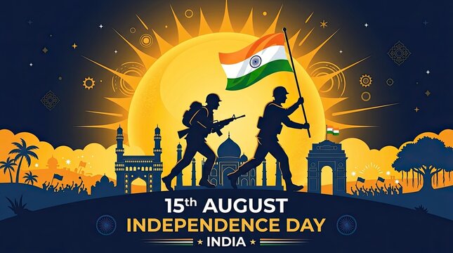 Celebrating india's independence day patriotic soldiers national flags illustration