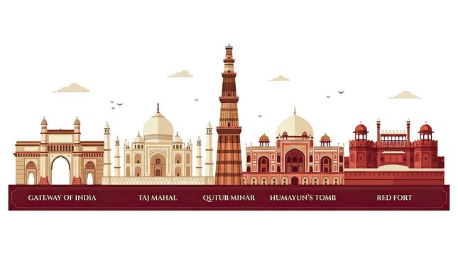 India independence day iconic landmarks gateway of india to red fort illustration