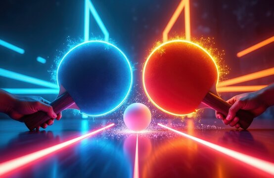 Two glowing neon rackets hold in hands prepare to hit table tennis ball. Bright orange, blue electric light trails surround paddles. Futuristic ping pong match scene features dynamic energy sparks.