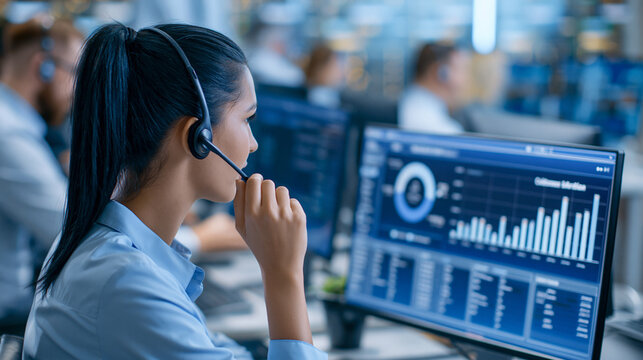 Faceless call center floor manager reviewing AI chatbot performance analytics on a supervisor dashboard showing resolution rates and customer satisfaction scores, rows of agent