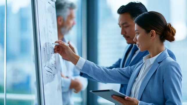 Faceless executive coach drawing a vertical diagram on a whiteboard while a client photographs it on a tablet, both standing in a glass-walled office with a city view in spring