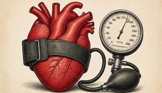 Anatomical heart wrapped with blood pressure cuff and gauge
