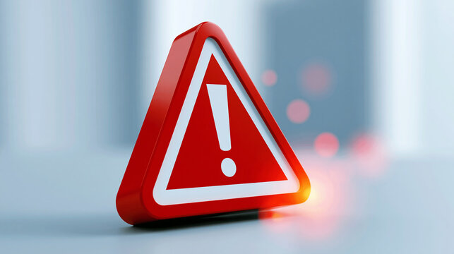 Red triangle warning icon with an exclamation point and error text, digital alert symbol, system malfunction warning, UI design element, with copy space