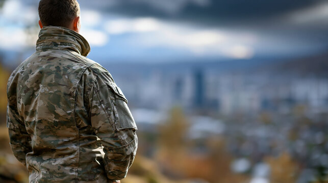 Faceless soldier in camouflage uniform standing on a hill overlooking a distant city, tactical overwatch position, dramatic military scene, with copy space