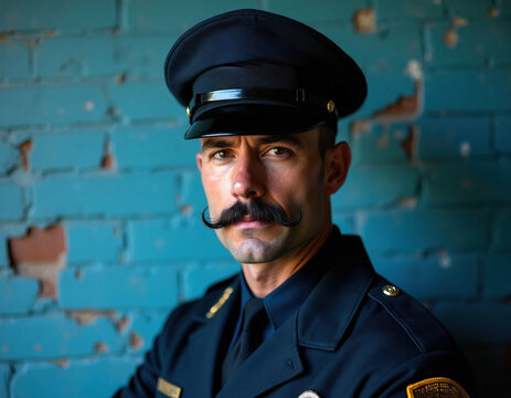 Serious man wearing dark uniform with peaked cap stands against blue brick wall. Person black handlebar mustache, stern look. Professional border customs officer poses for portrait. Authority guard