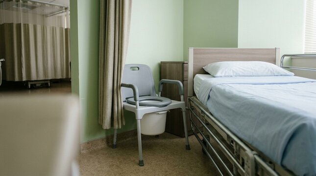 Bedside commode positioned discreetly beside a hospital bed | Healthcare & Hospital Equipment Stock Photo