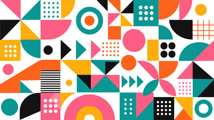 Obraz premium Geometric abstract pattern with triangles circles grids and colorful blocks, abstract, pattern, geometric, triangles, circles,