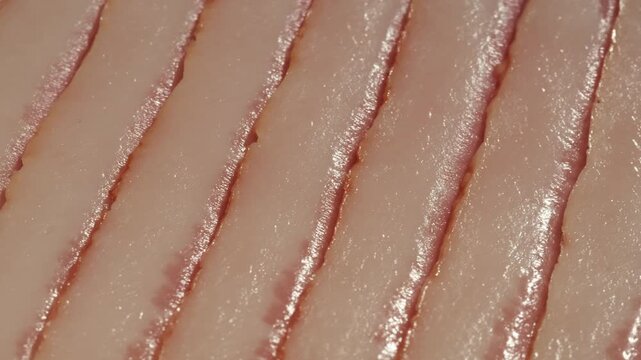  Sliced ham jamon fat bacon meat, beef pastrami thick pieces on a wooden board, beef or pork jamon. Chef cooking breakfast, smoked bacon in cafe. 