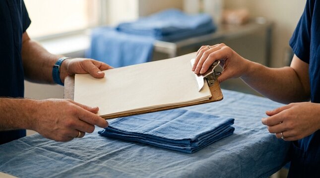 Handover notes clipboard passed between two folded blue scrub cloths | Healthcare & Hospital Equipment Stock Photo