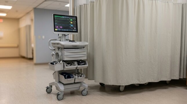 Rolling vitals monitor cart parked beside a curtain-drawn bed bay | Healthcare & Hospital Equipment Stock Photo