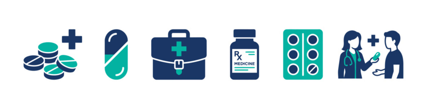 Set of medical pharmacy featuring pills, medicine bottles, doctor consultation, and first aid medical kits