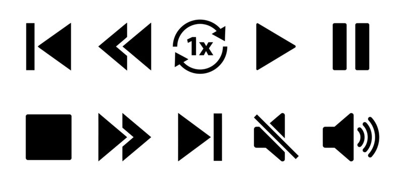 Set of media player control in solid black style on a white background, for digital interface
