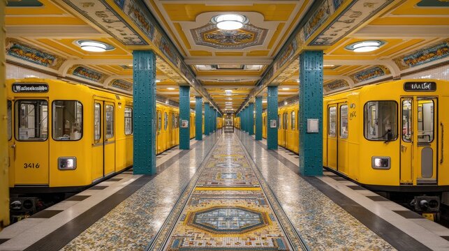 Two yellow subway trains standing at a decorated platform in Heidelberger Platz station, Berlin