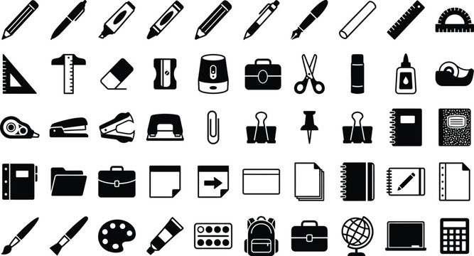 Stationery Icons Black Silhouette Collection On White Background