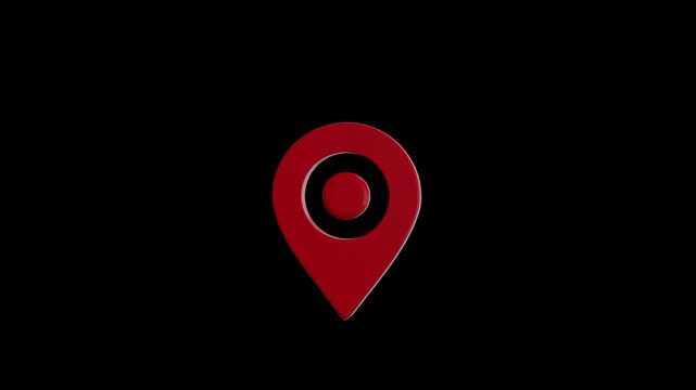 Minimal red map marker animation black background, centered locator symbol, clean mobile navigation look. travel routes, delivery service videos, local search screens, app demos, location graphics.