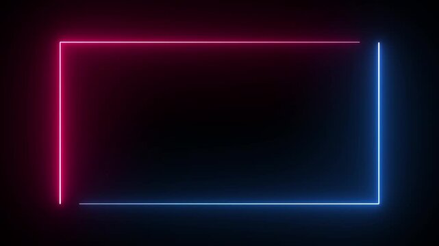 Square rectangle picture frame glowing neon animation on black background. neon glowing line loop animation