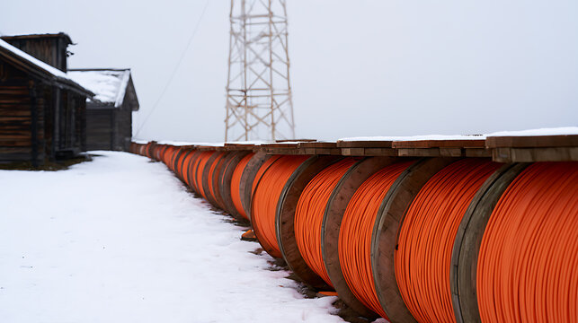 Row of bright orange cable drums in snowy landscape with rustic wooden buildings and tall communication tower in background