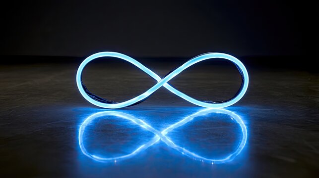 Glowing blue infinity symbol on a reflective dark surface