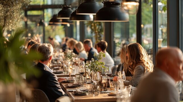 Group of colleagues dining together in a modern restaurant, enjoying conversation and good food