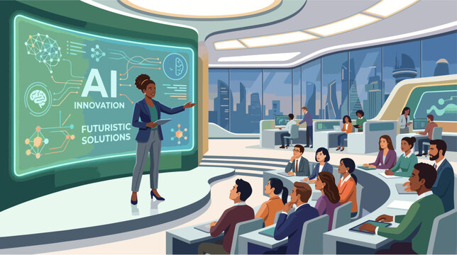 Black female artificial intelligence researcher presenting innovative solutions to an international audience, 2D flat vector illustration, International Women's Equality Day