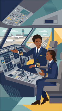 Black female pilot preparing for a commercial flight while mentoring a younger trainee, celebrating equal opportunities in aviation, 2D flat vector illustration