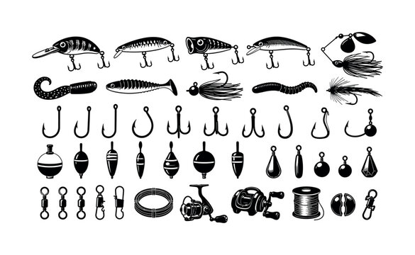 Black fishing lure and tackle silhouette set with hooks bobbers and sinkers, fishing, lures, tackle, hooks, bobbers, sinkers,