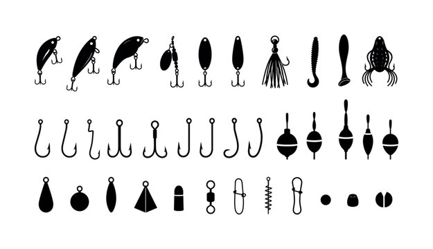 Black fishing lure and tackle silhouette set with hooks bobbers and sinkers, fishing, lures, tackle, hooks, bobbers, sinkers,