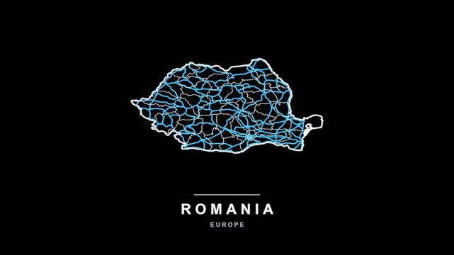 Romania Country Line Map Self Drawing Animated Overlay, Alpha 4K