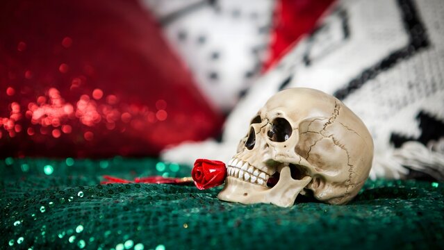 Human skull holding a red heart. Spooky Halloween decoration with romantic gothic aesthetic.