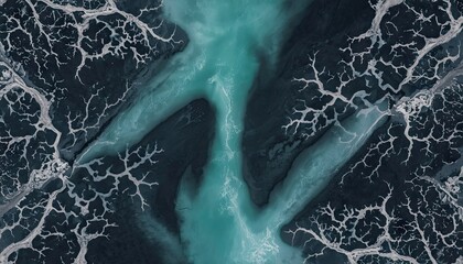 Aerial view of turquoise river delta with white branching channels  © DnQajik