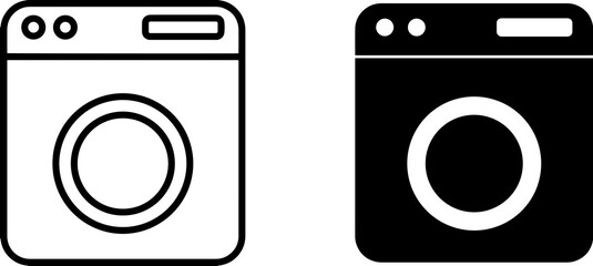 Minimalist washing machine set featuring outline and solid black appliance isolated on a transparent background