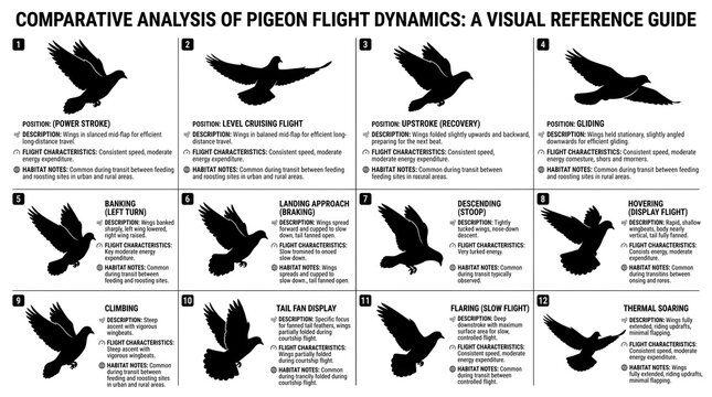 Comparative analysis of pigeon flight dynamics, visual reference guide with 12 bird silhouettes, scientific ornithology infographic on white background