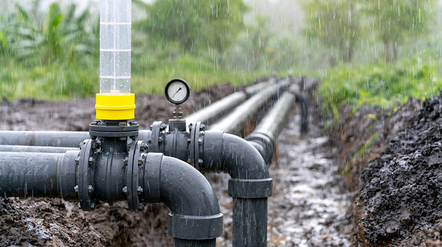 Industrial water pipes with pressure gauge and flow meter in green outdoor trench during heavy rain, showcasing infrastructure and environmental impact
