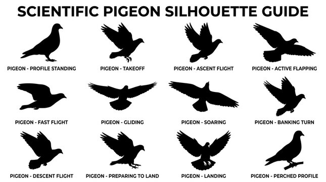Scientific pigeon silhouette guide featuring 12 bird flight poses, black pigeon silhouettes in various flying and perched positions, ornithology study chart