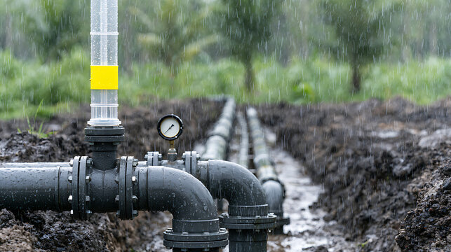 Industrial water pipe system with clear measuring gauge and pressure meter in a muddy trench during a heavy rainstorm with trees in the background