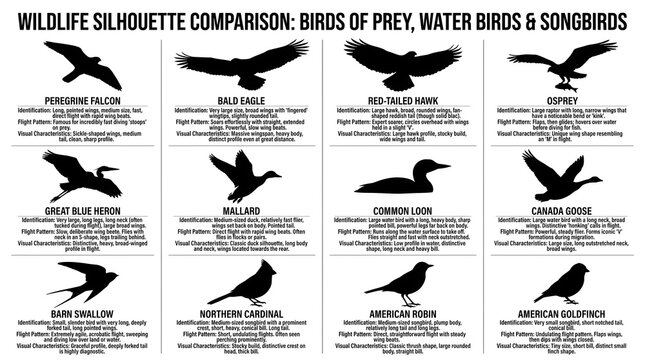 Wildlife silhouette comparison of birds of prey, water birds and songbirds, educational bird identification chart with 12 species and flight patterns